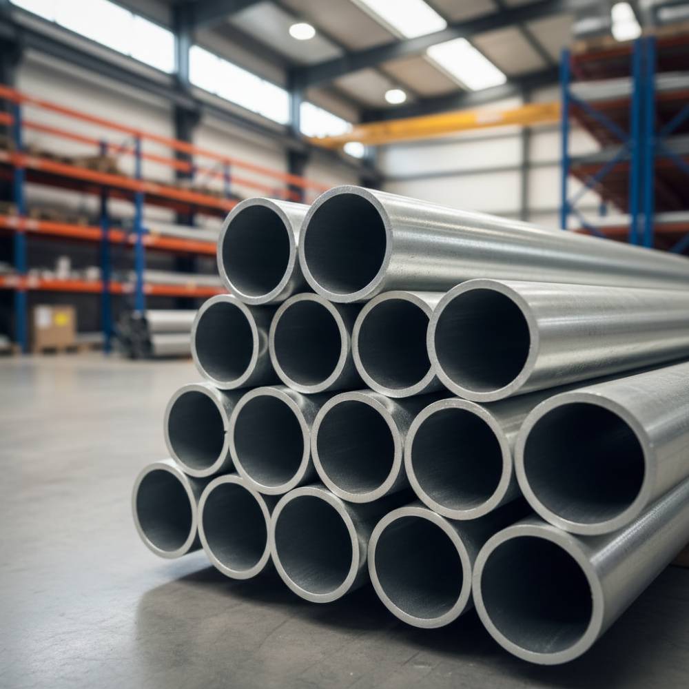 Detalhe de tubos de eletroduto pré-zincado empilhados, evidenciando o acabamento metálico e a uniformidade do revestimento.