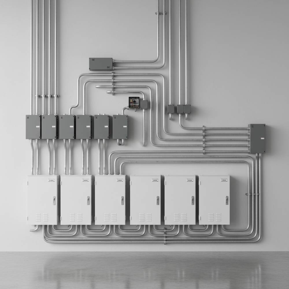 Esquema elétrico detalhado com seções de eletrodutos pré-zincados interligados a caixas de passagem e quadros de distribuição.