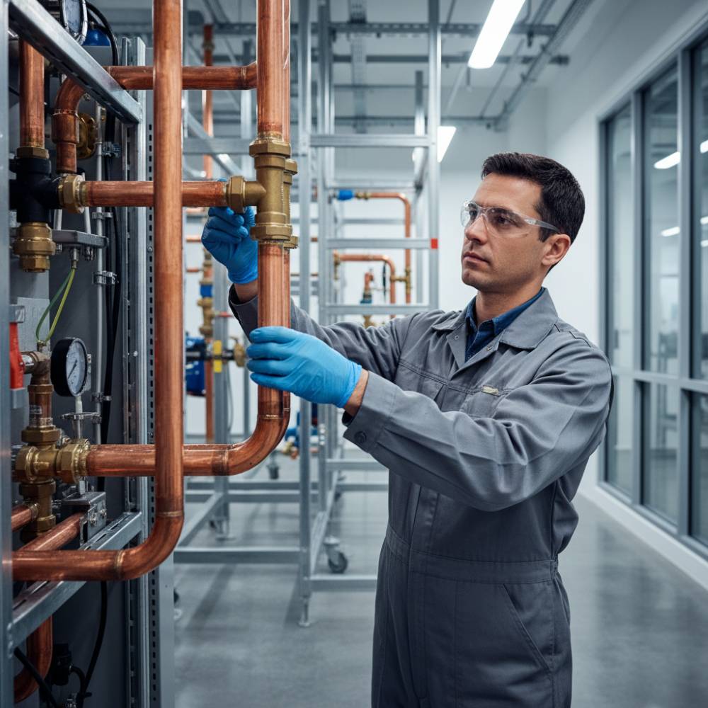 Técnico inspecionando Tubo Cobre Termomecânica durante instalação de sistema de refrigeração industrial