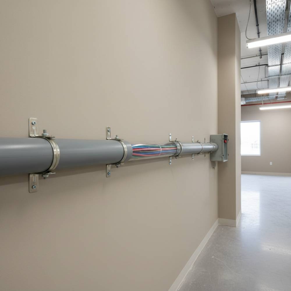 Eletroduto PVC rígido sendo instalado em parede, demonstrando a proteção de cabos elétricos em uma obra.