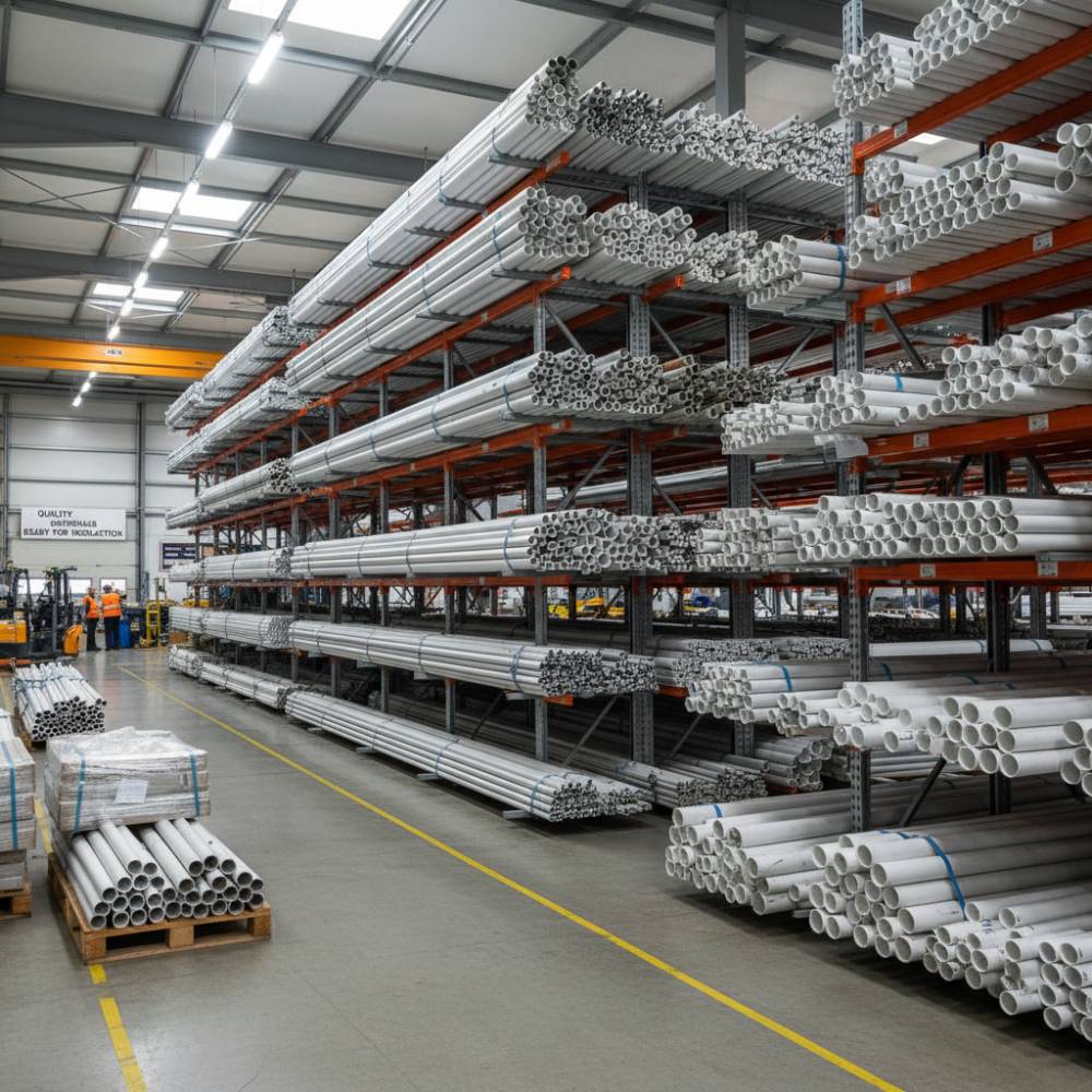 Diferentes diâmetros e tamanhos de eletroduto PVC rígido organizados em um estoque, prontos para uso em projetos.