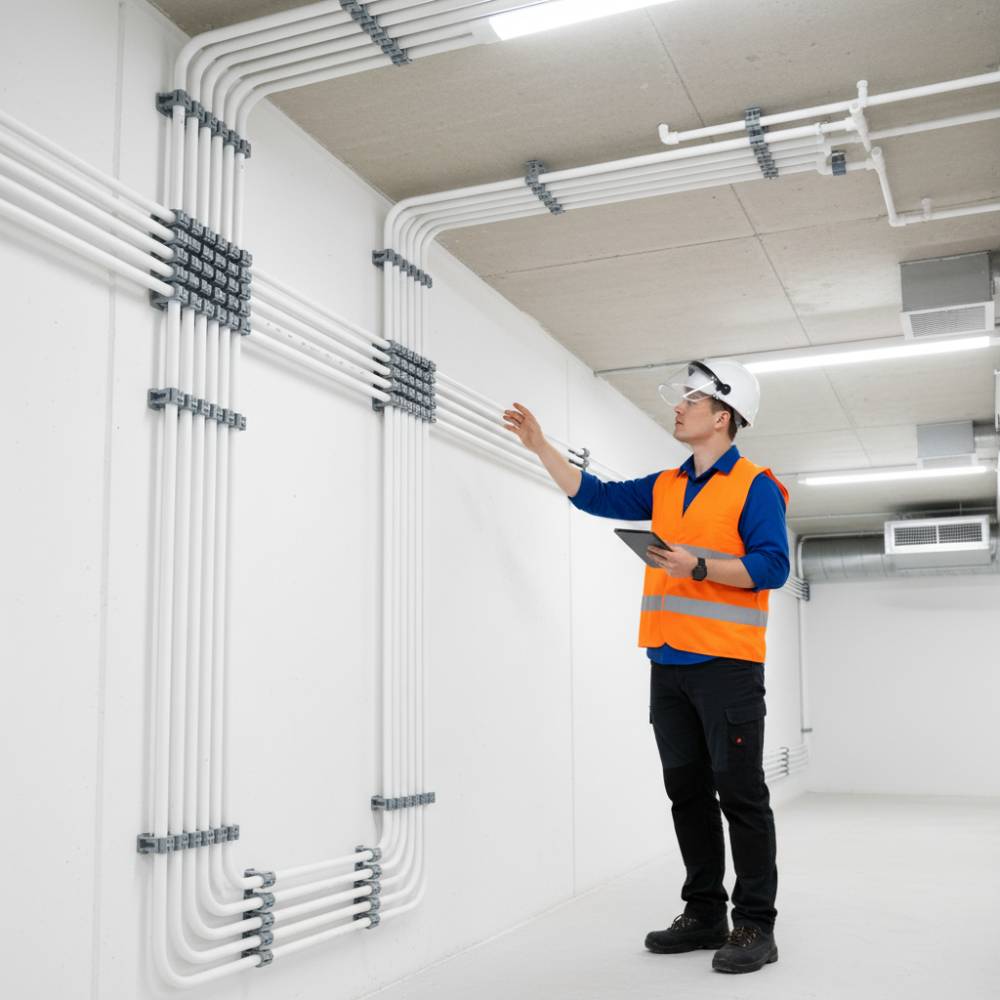 Engenheiro elétrico inspecionando uma instalação com eletrodutos PVC rígidos expostos, verificando a conformidade com as normas.