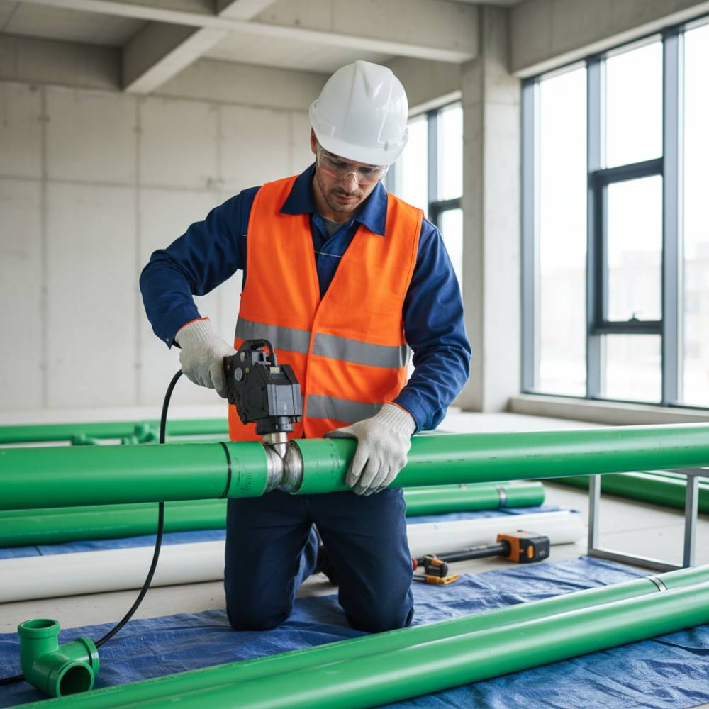 Engenheiro da Elecon explicando o processo de termofusão de tubos PPR Top Fusion em um canteiro de obras.