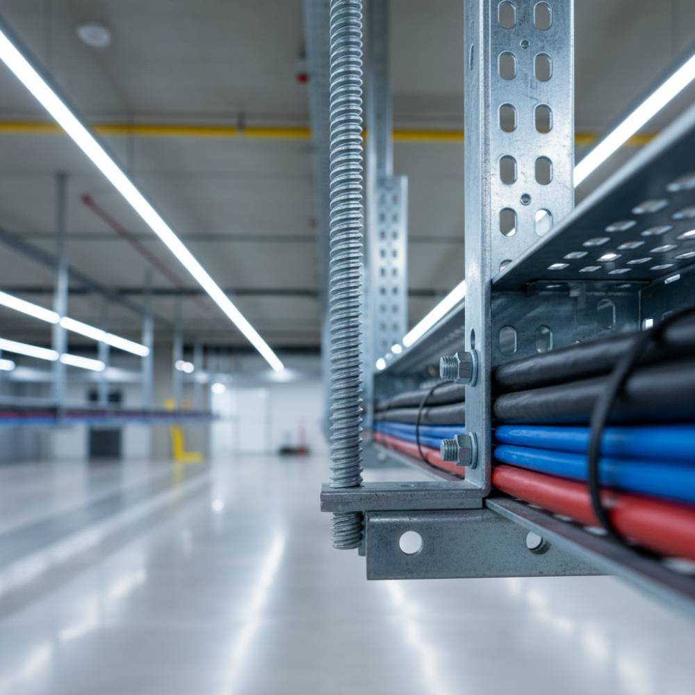 Barra roscada zincada da Elecon em um canteiro de obras, sendo utilizada para suporte de eletrocalhas em uma instalação industrial.