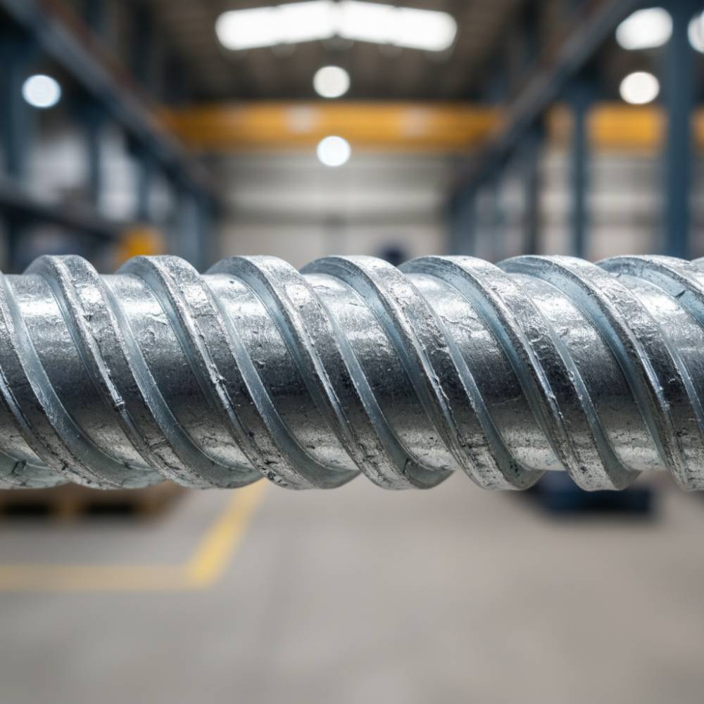 Detalhe da rosca de uma barra roscada, mostrando a uniformidade do filete para fixação segura em estruturas metálicas.