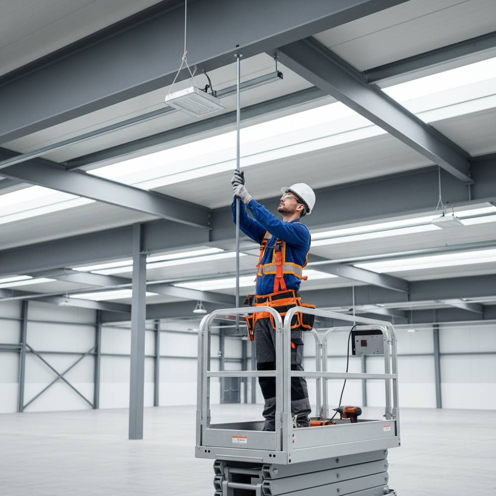 Trabalhador da construção civil instalando uma barra roscada para suspender uma luminária em um grande galpão industrial.