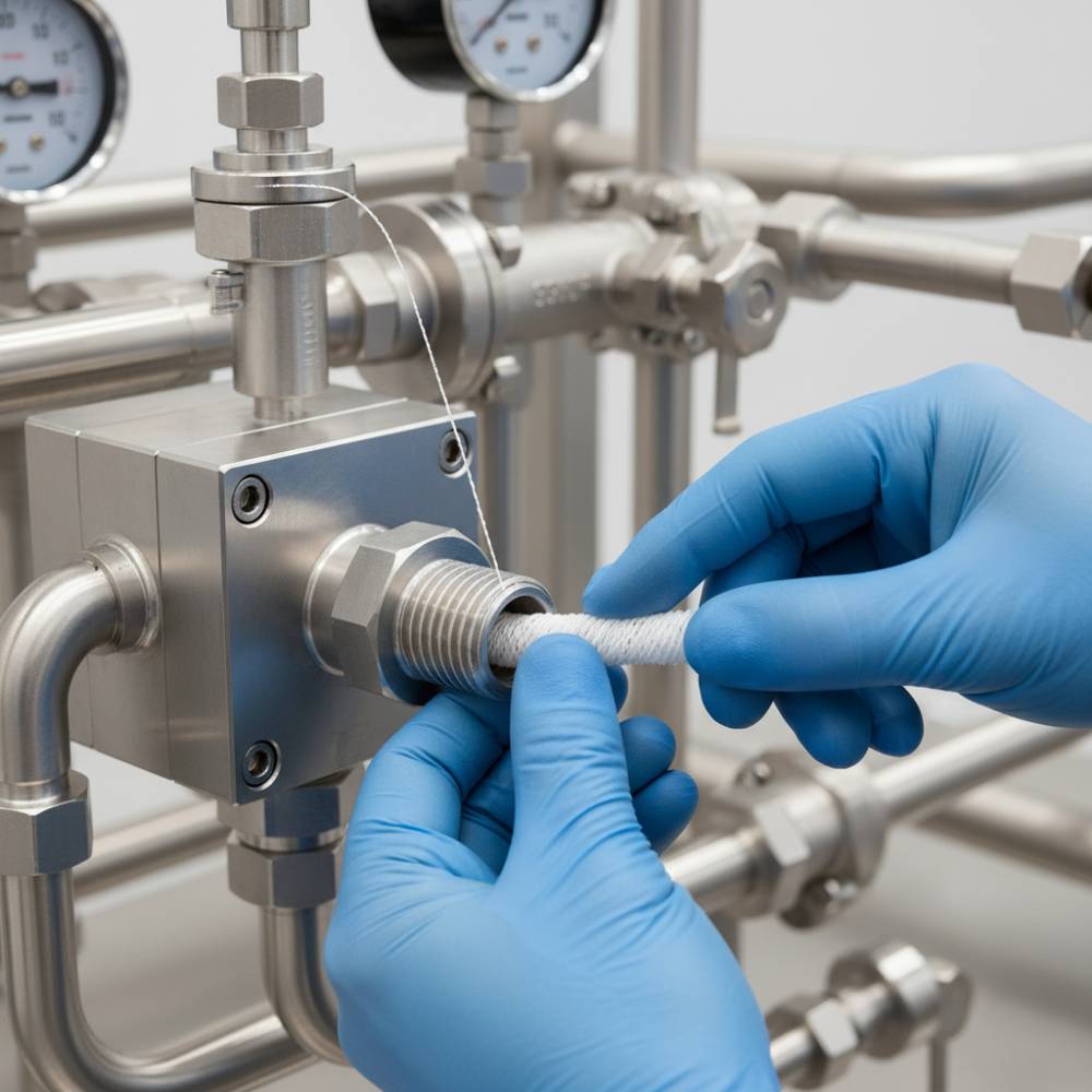 Detalhe da aplicação do Fio Veda Rosca Loctite 55 em uma conexão de tubulação hidráulica industrial