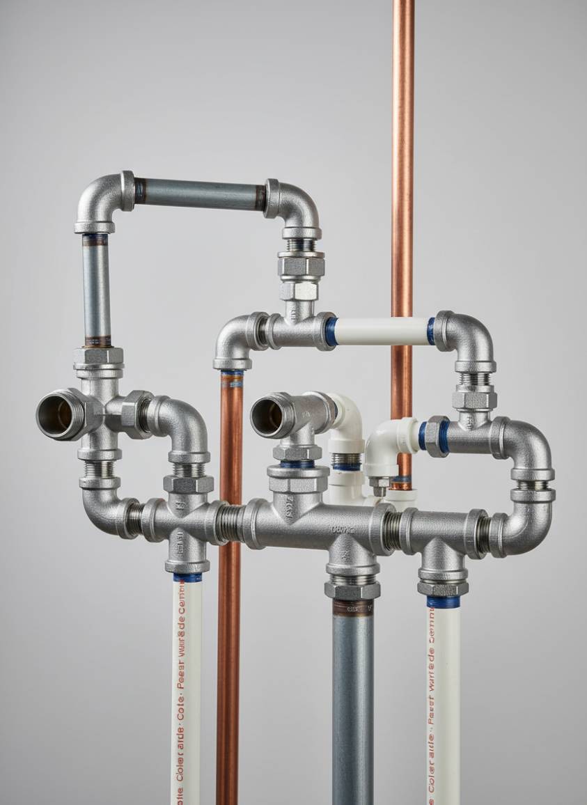 Diferentes tipos de tubulações e conexões onde o Fio Veda Rosca é utilizado, destacando sua versatilidade