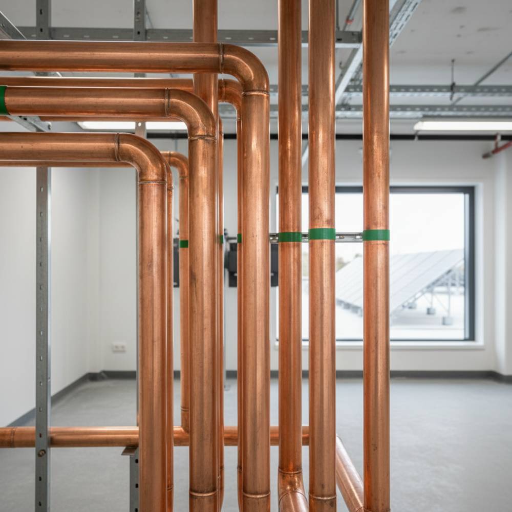 Sistema de aquecimento solar com tubulação em Tubo Cobre Classe E, demonstrando resistência a variações de temperatura