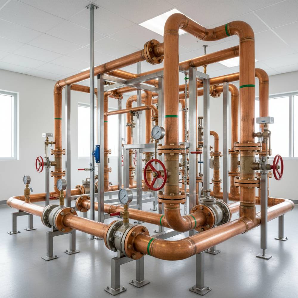 Instalação industrial complexa utilizando múltiplos Tubos Cobre Classe E para condução de fluidos de alta pressão e temperatura