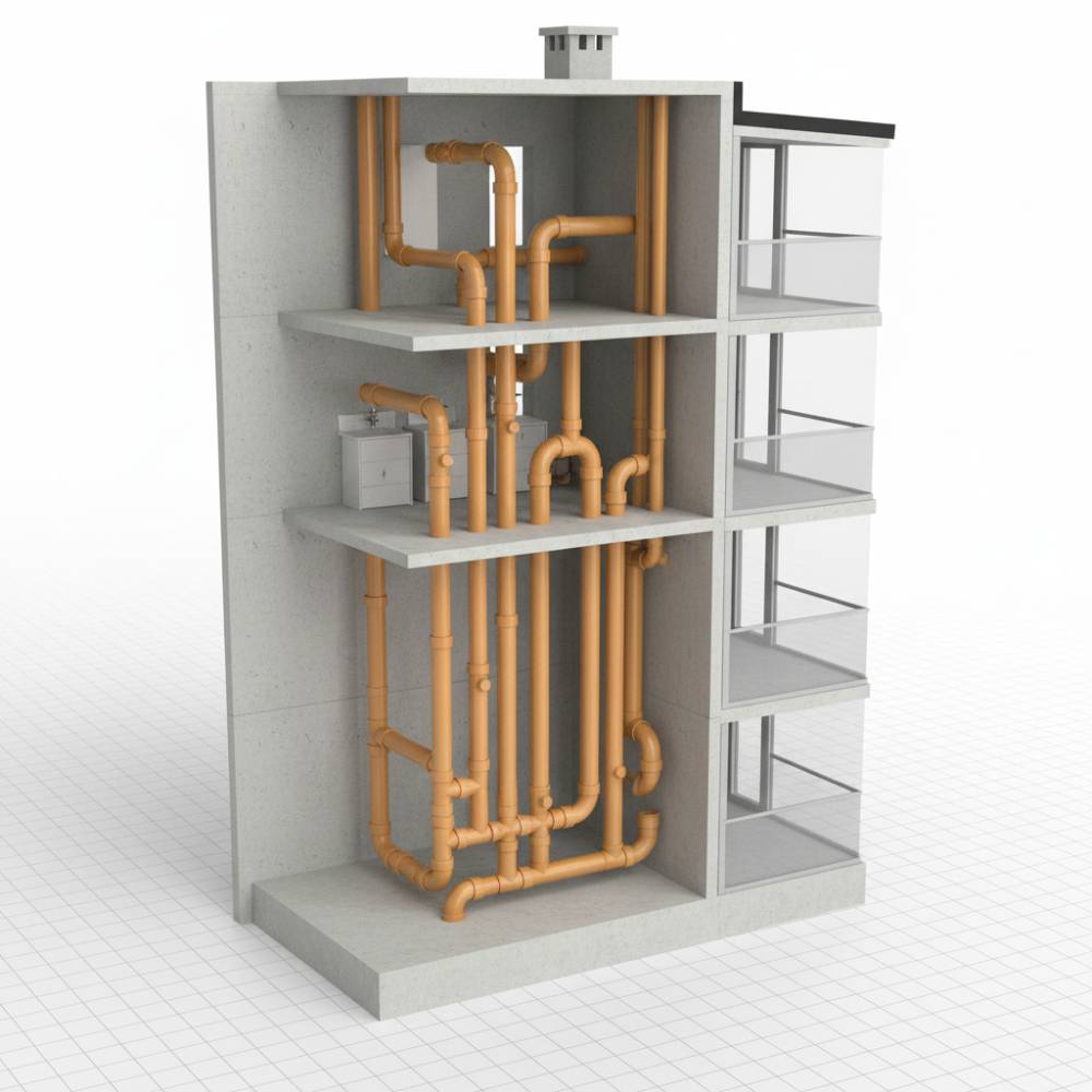 Diagrama de um sistema de esgoto predial utilizando componentes Ocre Corrplastic da Elecon