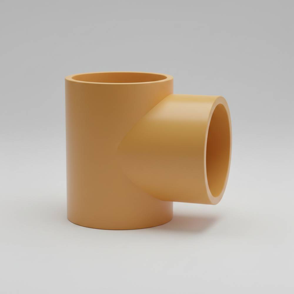 Close-up de uma redução de esgoto excêntrica Ocre Corrplastic, detalhando a qualidade do material