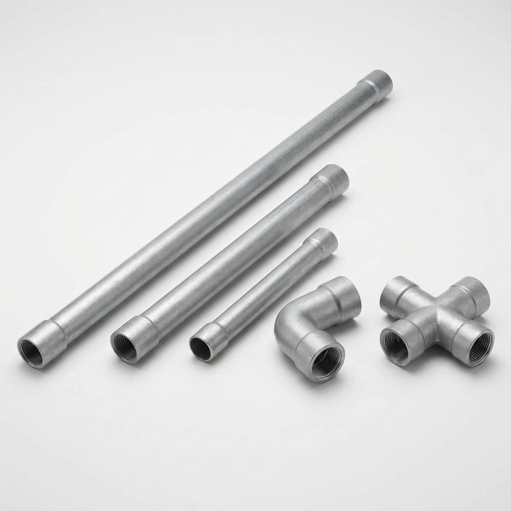 Variedade de conduletes Elecon em diferentes bitolas e modelos, incluindo tipos reto, L e X