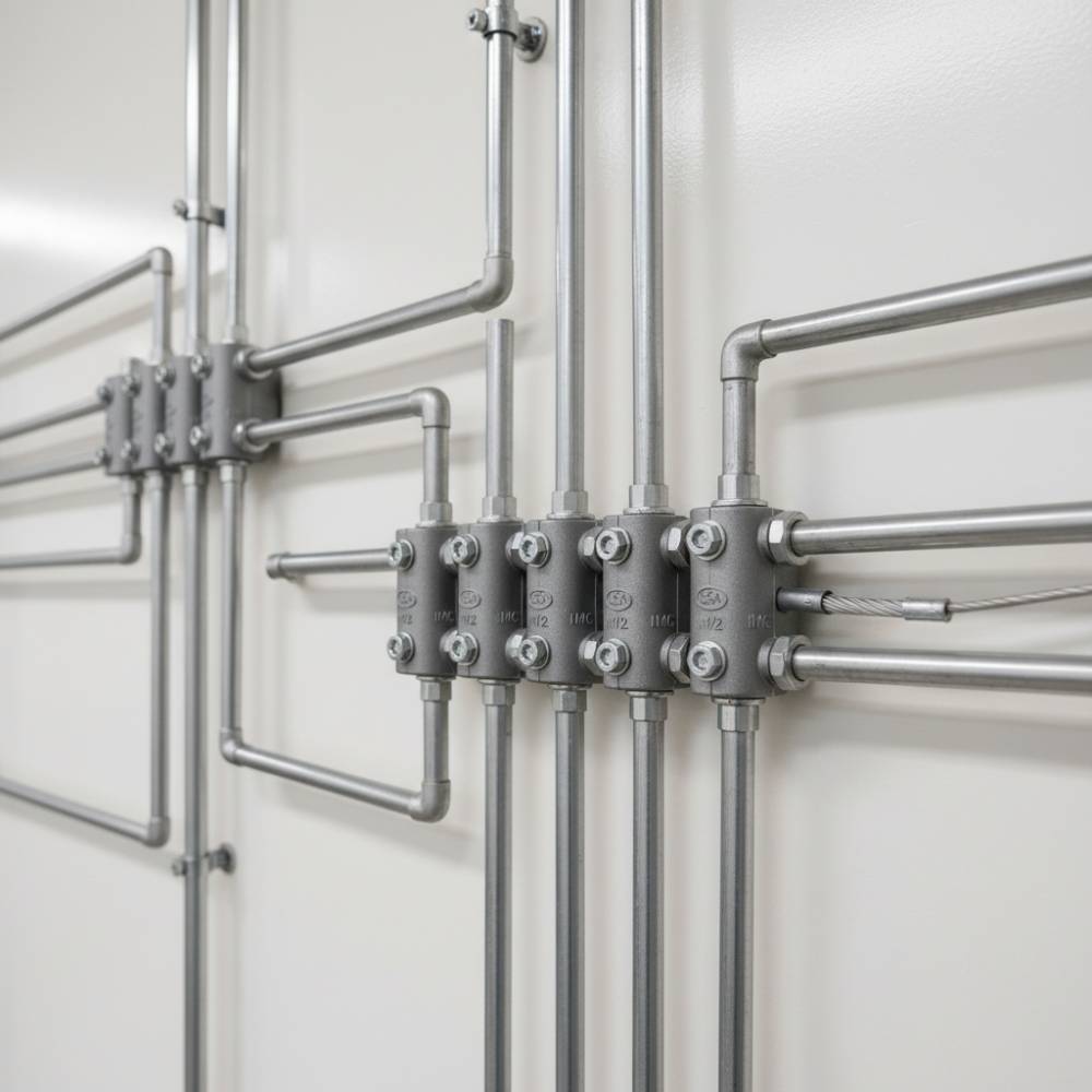 Instalação de conduletes em uma parede, demonstrando a organização e proteção dos cabos elétricos