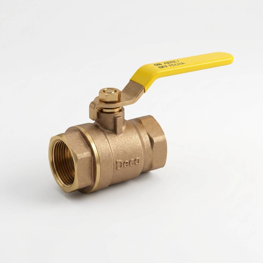 Válvula de esfera Deca em bronze com alavanca amarela. Inscrições 'ON ABRE / OFF FECHA' na alavanca e 'Deca' no corpo da válvula.