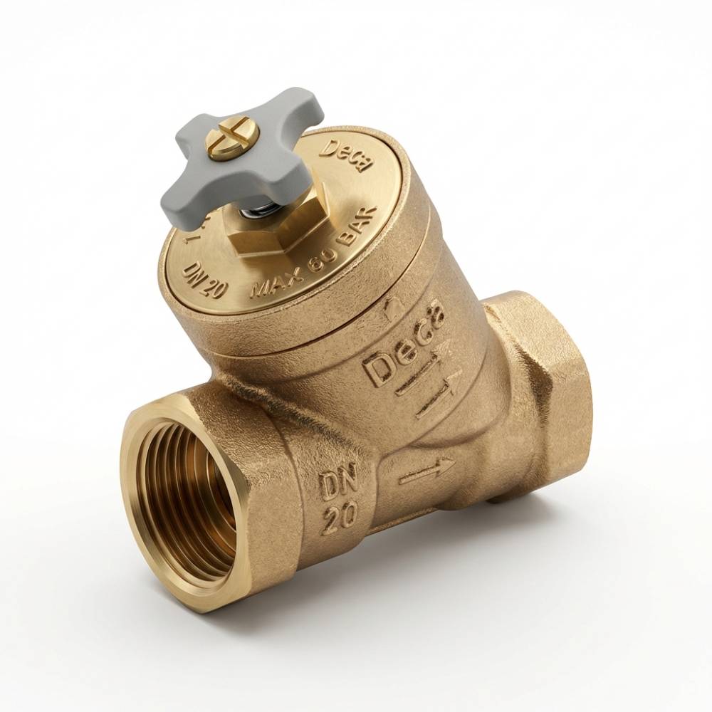 Válvula de controle de fluxo Deca em bronze, com formato angulado, disco cinza de regulagem manual e marcações técnicas em relevo.