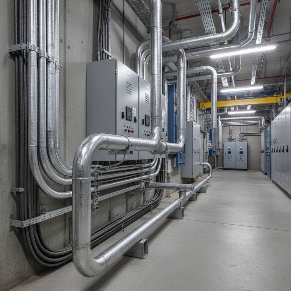 Eletroduto 5598 galvanizado a fogo da Elecon em um canteiro de obras industrial, mostrando resistência e aplicação em infraestrutura elétrica