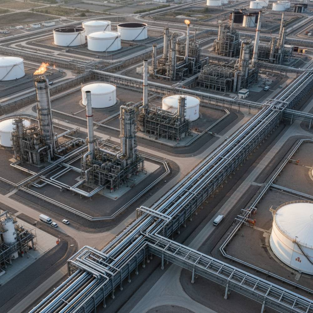 Vista aérea de uma refinaria de petróleo, com a infraestrutura de eletrodutos 5598 da Elecon garantindo a segurança das instalações elétricas em área classificada