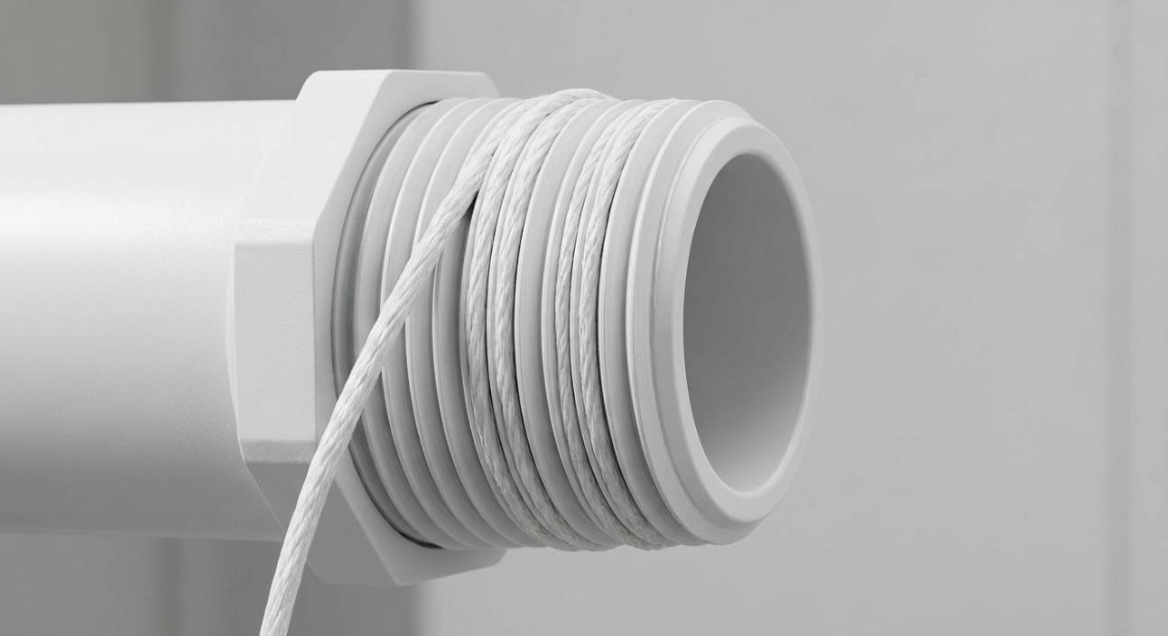 Conexão de tubo de PVC, com detalhe do Fio Veda Rosca branco sendo aplicado cuidadosamente nos filetes da rosca, preparando-a para o acoplamento.