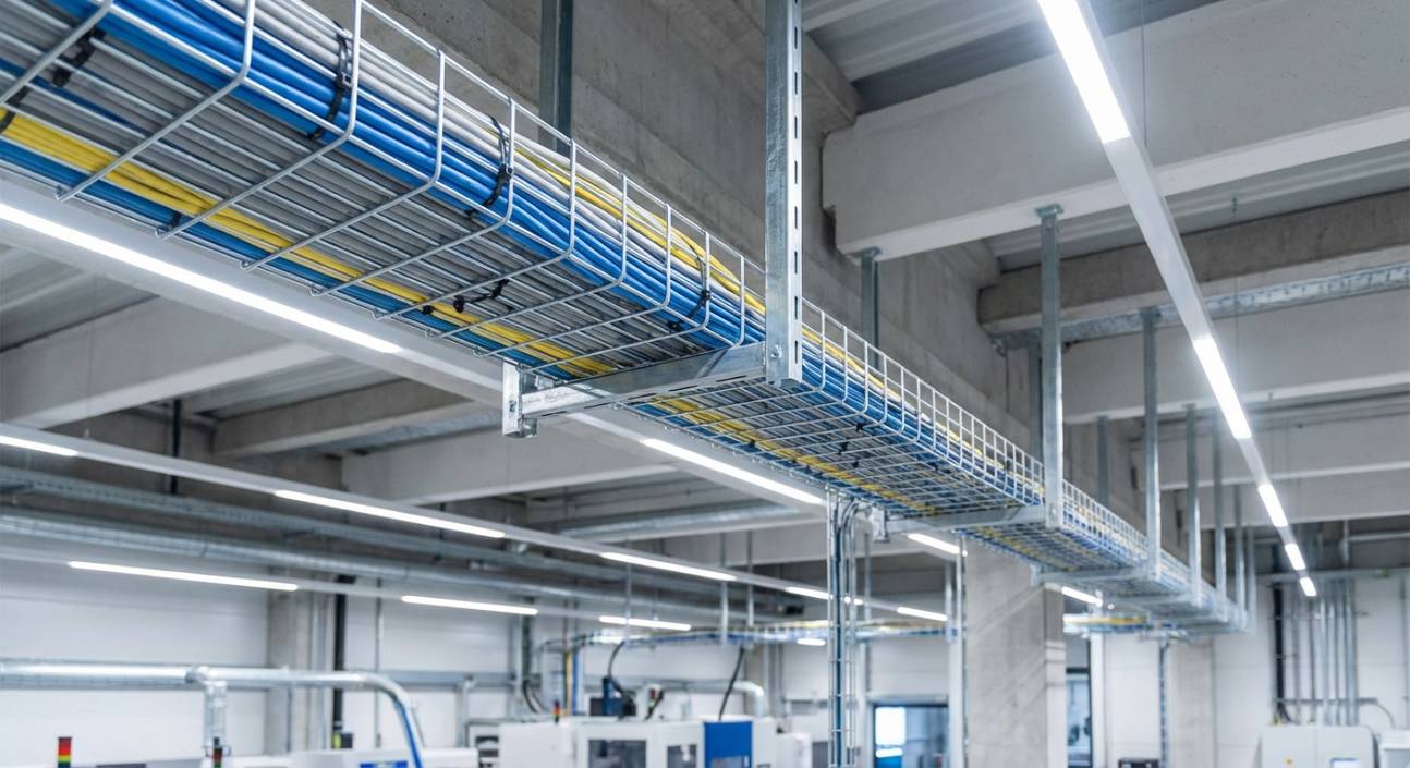 Leito aramado galvanizado a fogo em ambiente industrial, com cabos elétricos organizados e suportes de teto visíveis.