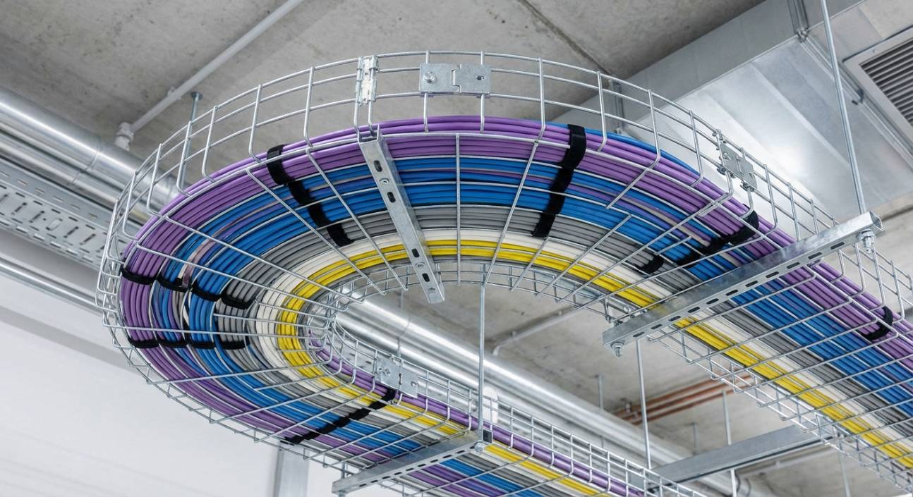 Detalhe de junção de leitos aramados em curva, mostrando a flexibilidade do sistema e o encaixe de acessórios de fixação.