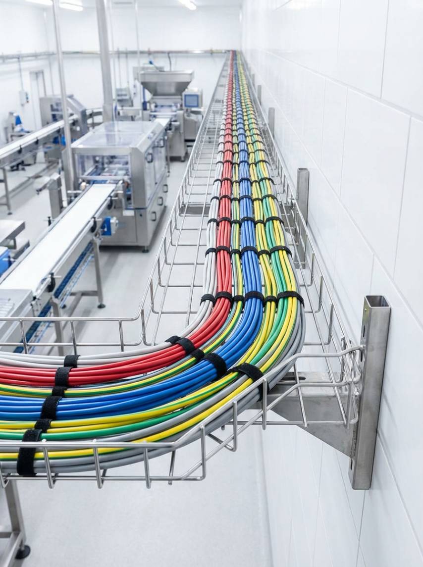 Leito aramado de aço inox 316 instalado em área de processamento de alimentos, demonstrando resistência à corrosão.