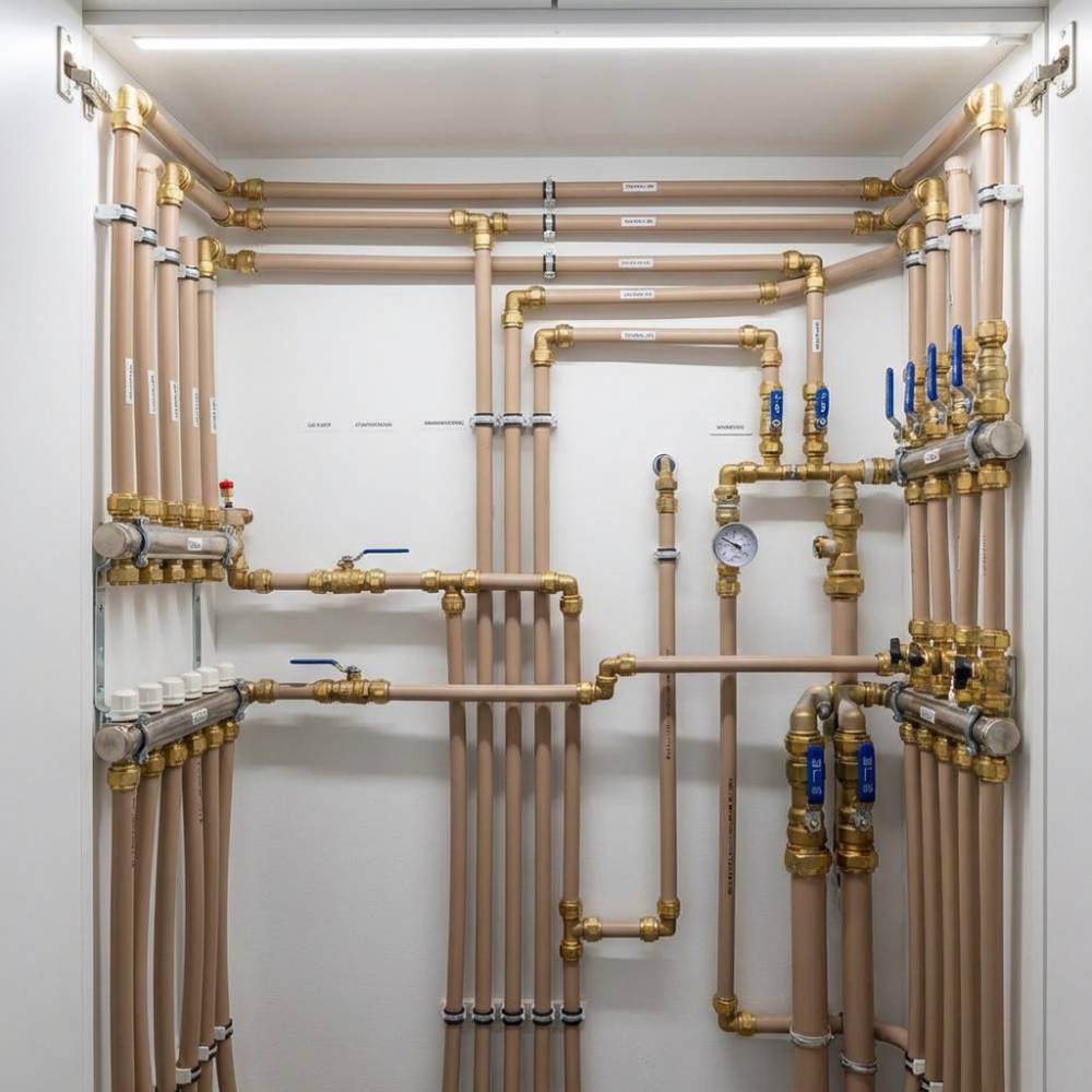 Instalação hidráulica com tubos PEX Amanco bege flexíveis, mostrando anéis de compressão em latão em várias conexões
