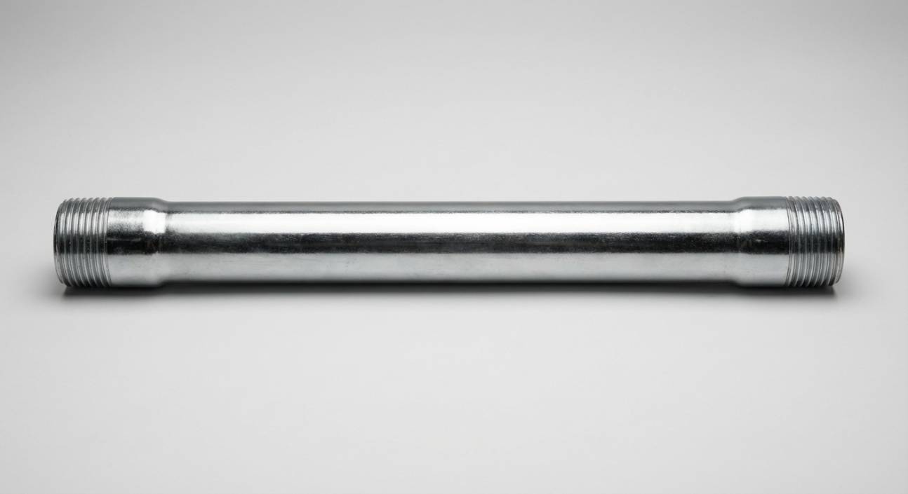 Eletroduto galvanizado pesado da Elecon, com rosca em ambas as extremidades e acabamento metálico brilhante.