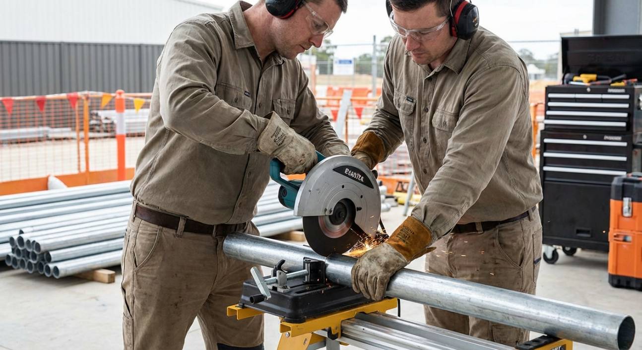 Profissional com óculos de proteção e luvas de segurança utilizando serra policorte em eletroduto galvanizado no canteiro de obras.