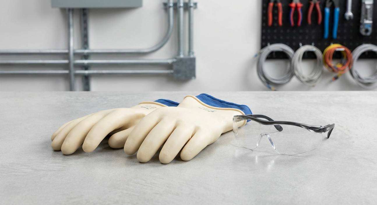 Conjunto de luvas de proteção elétrica e óculos de segurança sobre bancada, pronto para uso em instalações com eletrodutos.