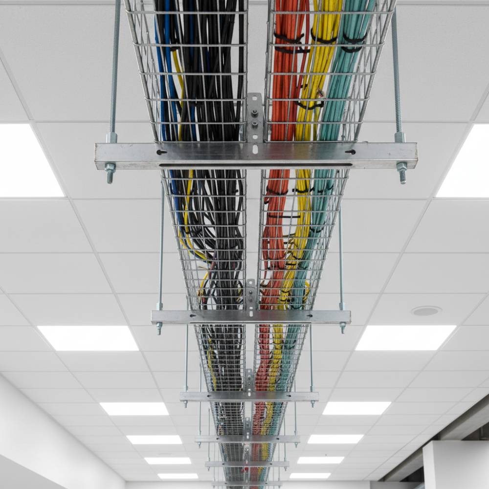 Visão detalhada de leitos aramados instalados no teto, organizando múltiplos cabos em uma infraestrutura moderna