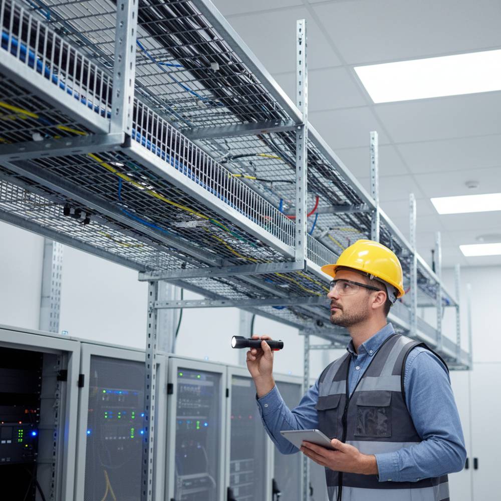 Engenheiro examinando um projeto de cabeamento com leitos aramados instalados, otimizando o espaço