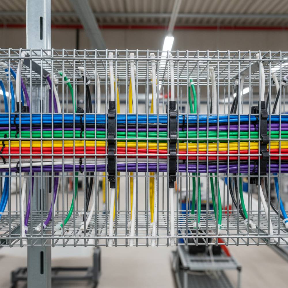 Close-up de um trecho de leito aramado com múltiplos cabos de cores diferentes, destacando a organização