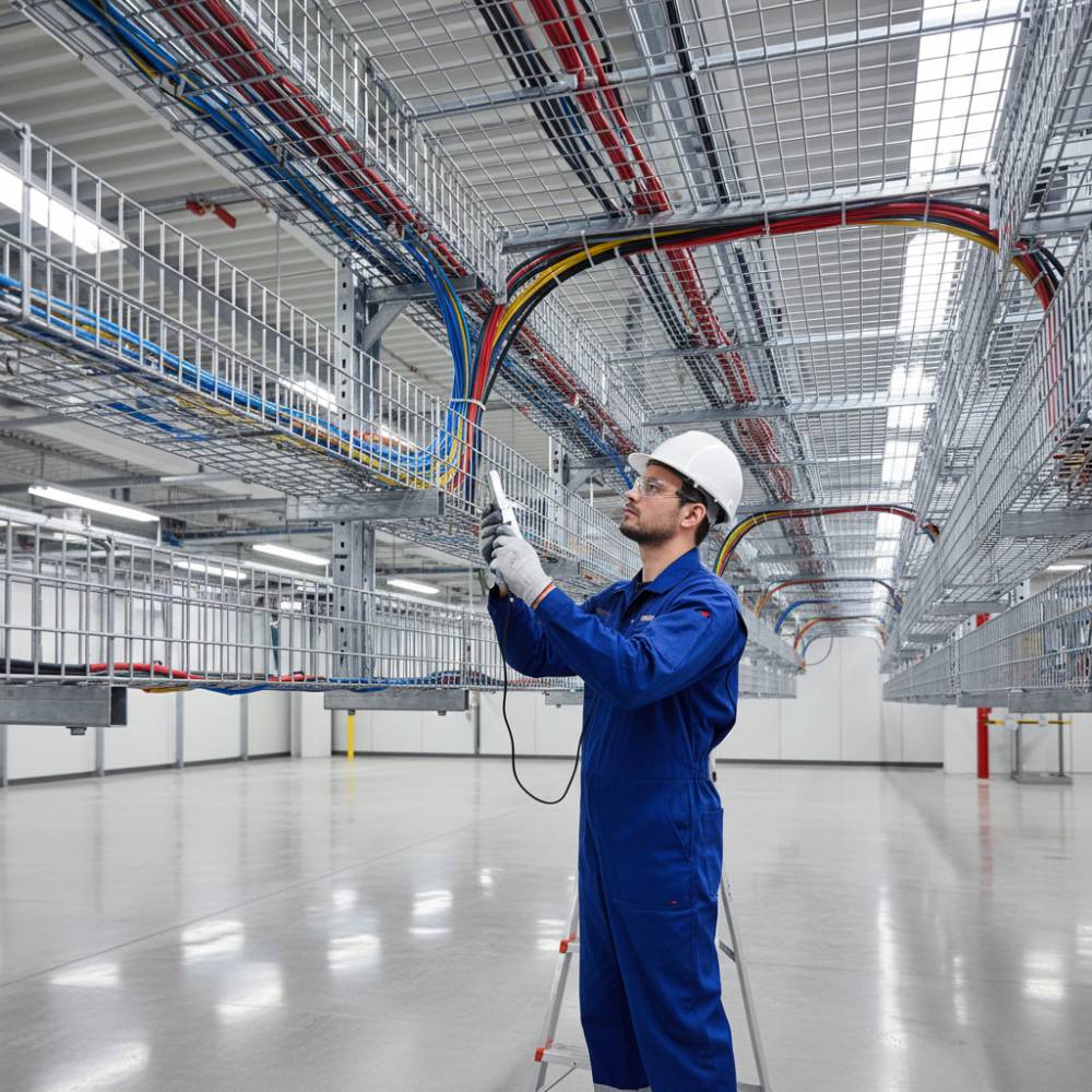 Técnico realizando inspeção e manutenção em cabos organizados por eletrocalha aramada