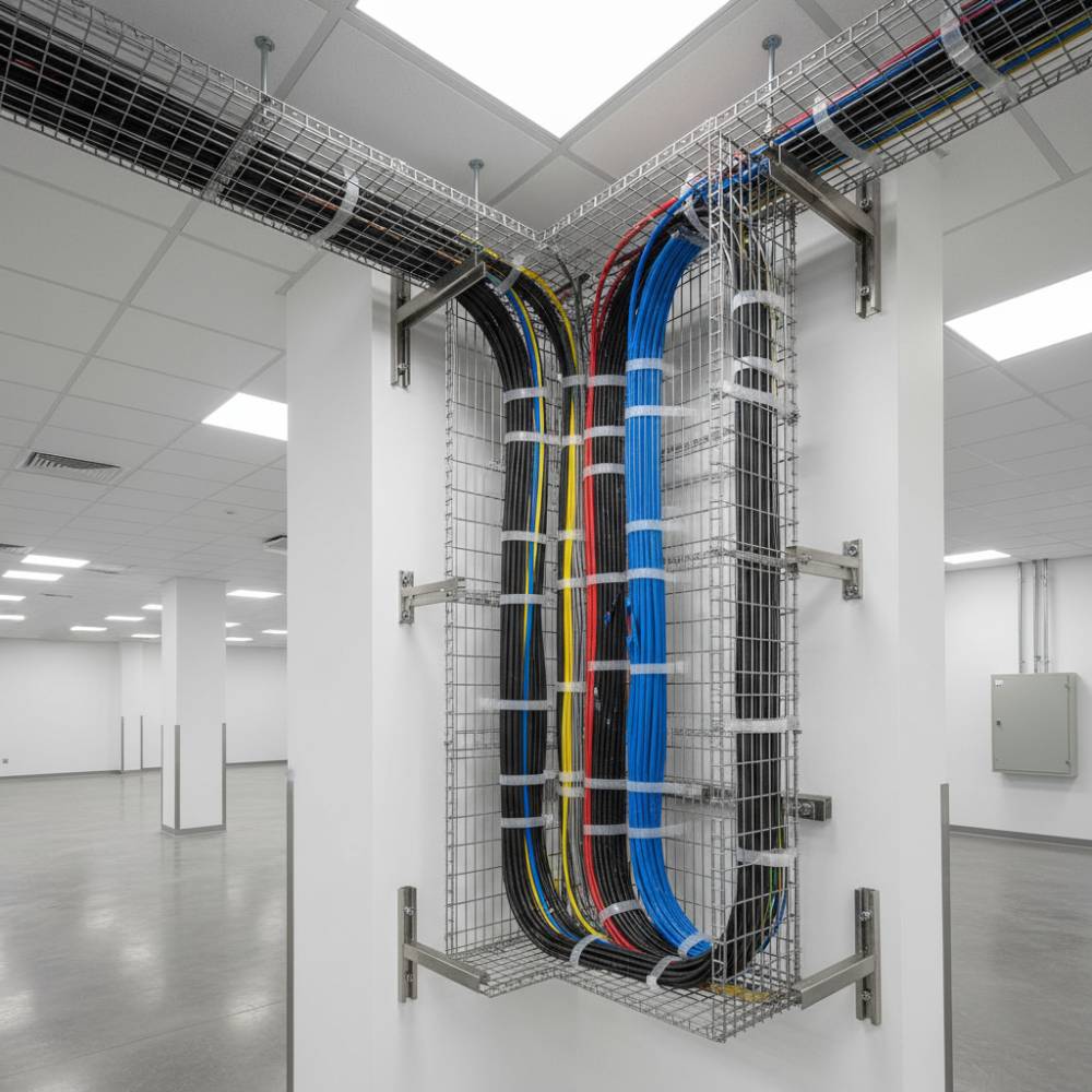 Eletrocalha aramada inox instalada em ambiente industrial, mostrando organização de cabos.