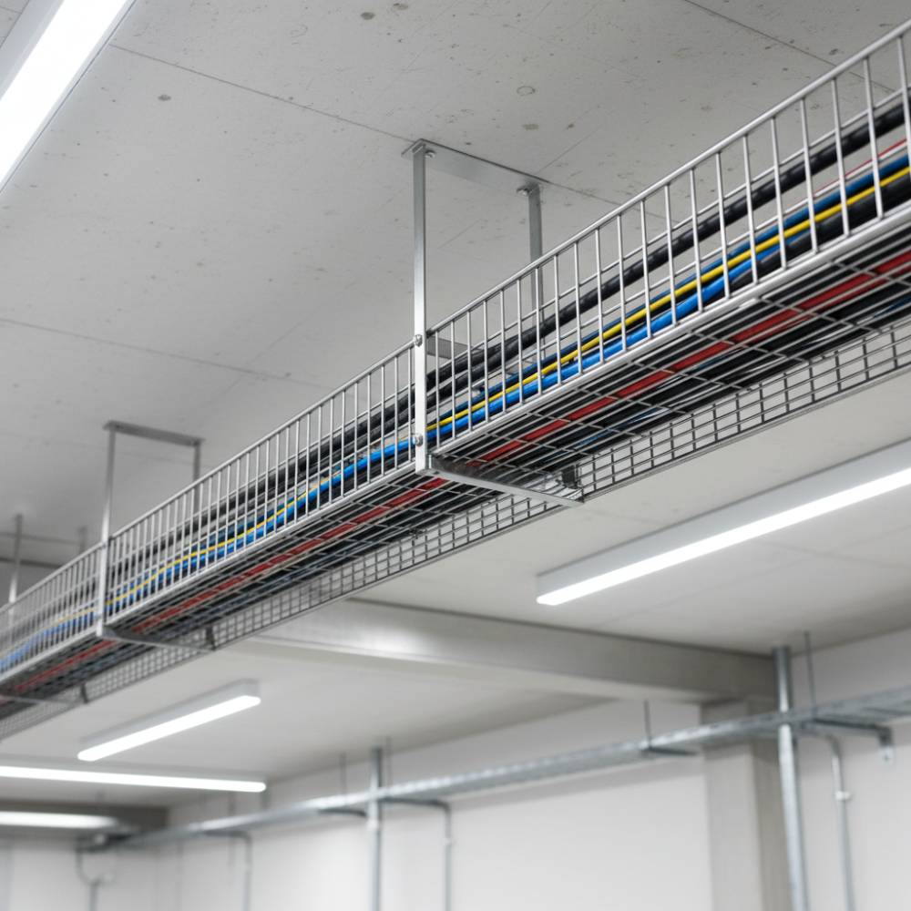 Detalhe da malha de eletrocalha aramada inox, evidenciando a estrutura em aço e a organização dos cabos.