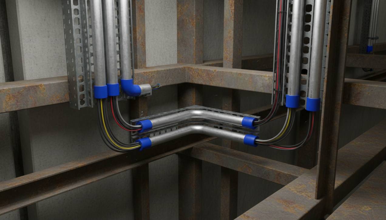 Eletrodutos NBR 5598 instalados em uma infraestrutura industrial, demonstrando a robustez e a segurança da proteção para cabos elétricos em ambiente desafiador.