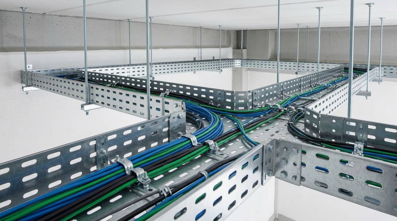 Eletrocalha perfurada instalada em ambiente industrial, com cabos elétricos organizados e fixados internamente, ilustrando a correta condução e suporte.