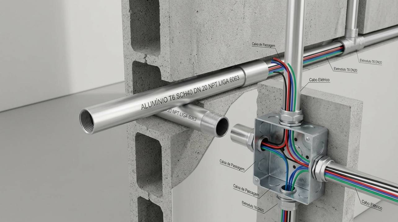 Esquema de instalação de eletrodutos embutidos em parede, mostrando o trajeto dos conduítes e as caixas de passagem para organização dos cabos elétricos.