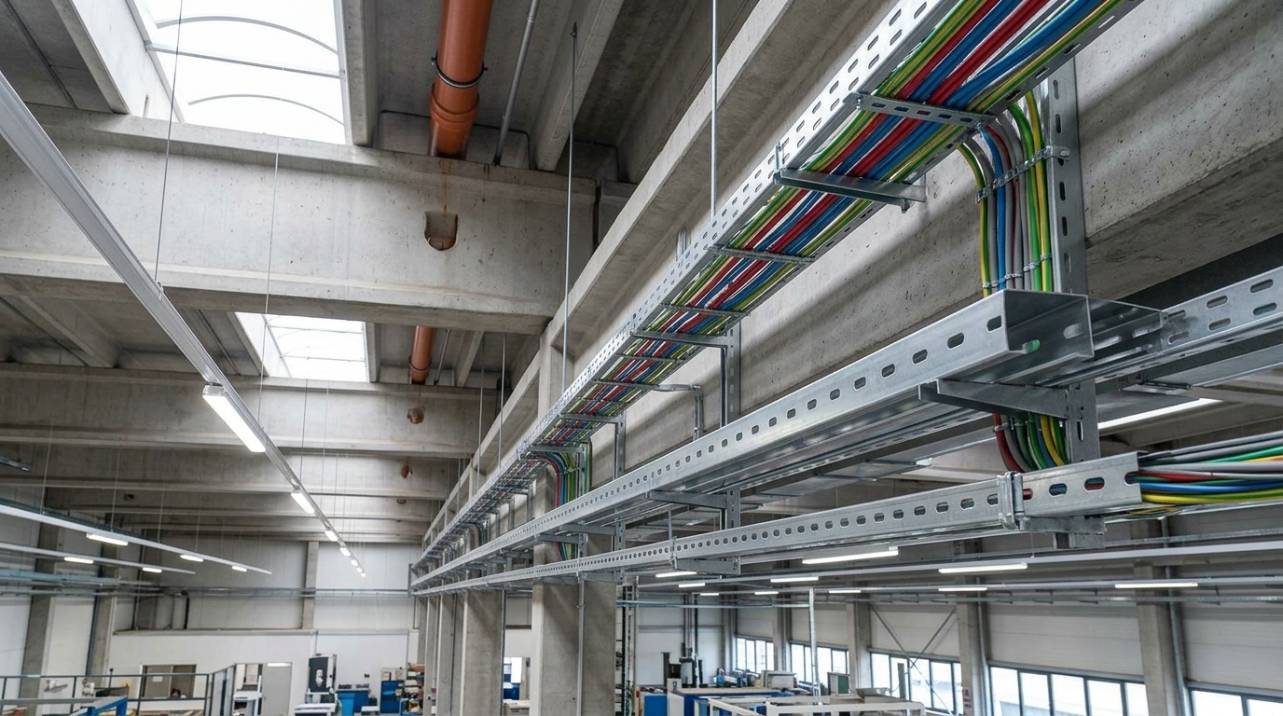 Perfilados metálicos instalados em teto de galpão industrial, organizando cabos elétricos e oferecendo suporte estrutural robusto para sistemas de iluminação e distribuição de energia.