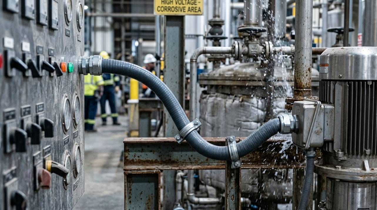 Eletroduto metálico flexível Sealtubo com revestimento de PVC em uma instalação industrial, destacando sua resistência e adaptabilidade a ambientes agressivos.