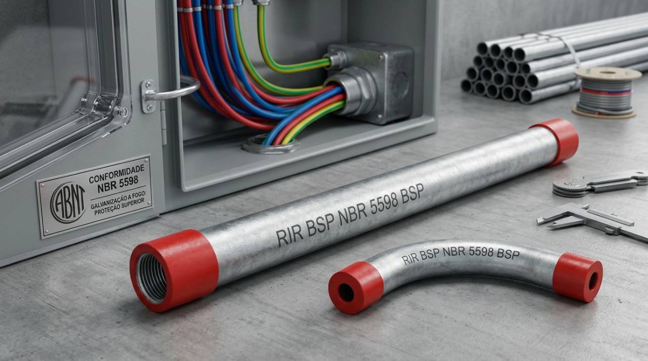 Eletroduto 5598 de aço carbono galvanizado a fogo, ilustrando a resistência e conformidade com normas ABNT para proteção de cabos em instalações elétricas