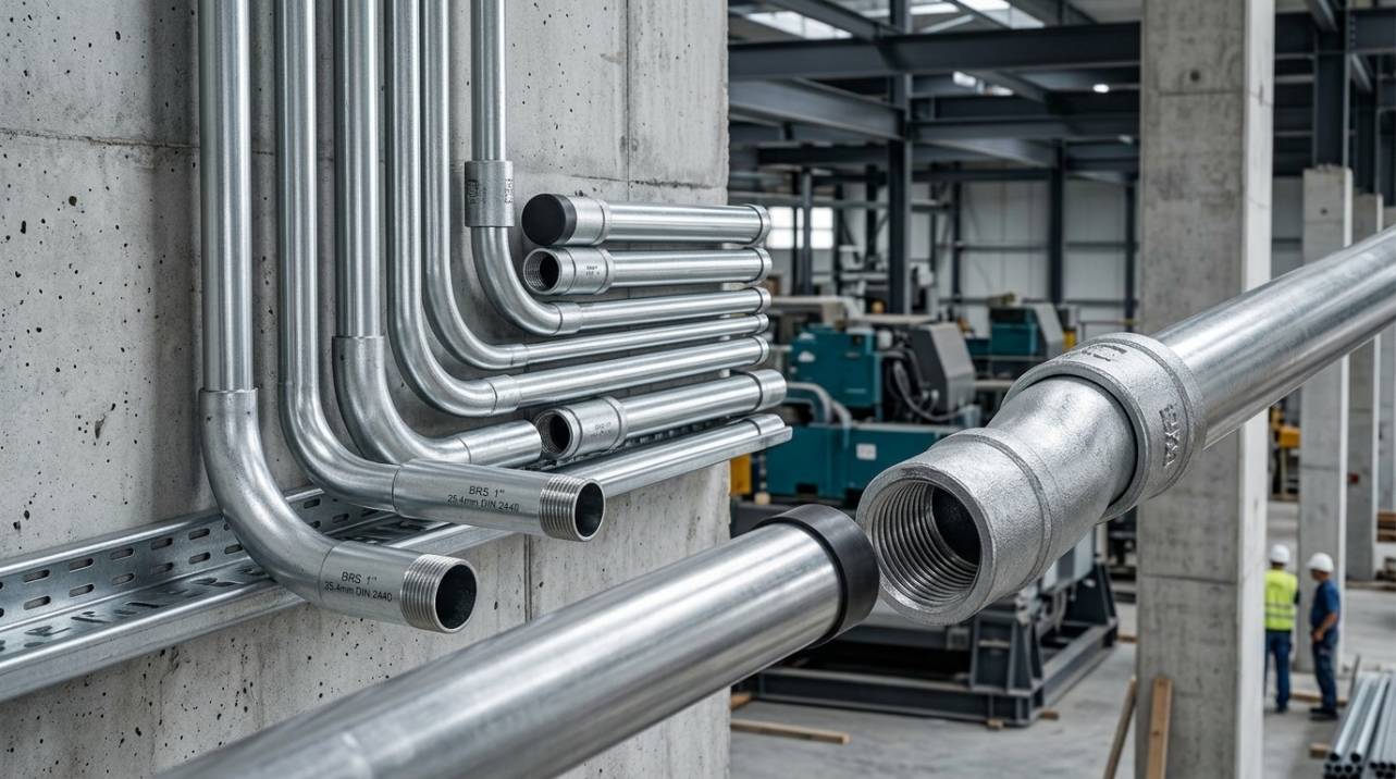 Eletrodutos rígidos de aço-carbono galvanizados a fogo instalados em infraestrutura industrial, exemplificando a resistência contra corrosão em ambientes agressivos.