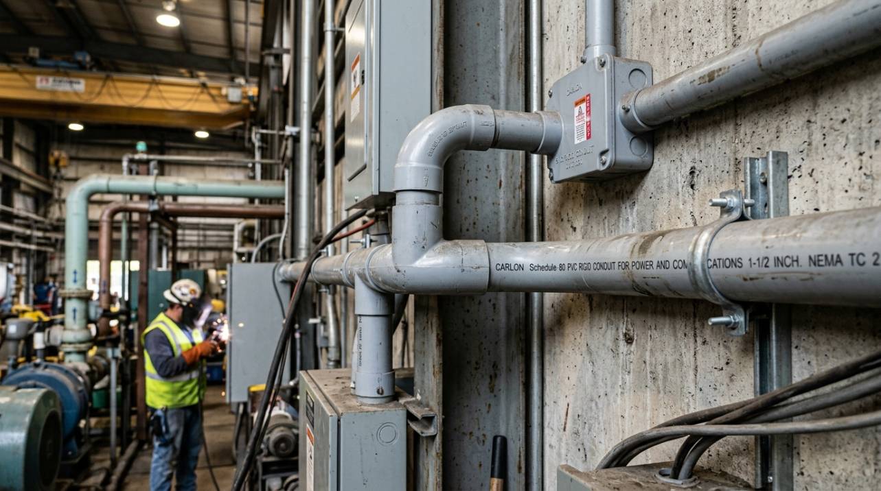 Eletroduto de PVC rígido aparente em instalação elétrica industrial, demonstrando a proteção mecânica e a durabilidade necessárias em ambientes exigentes.