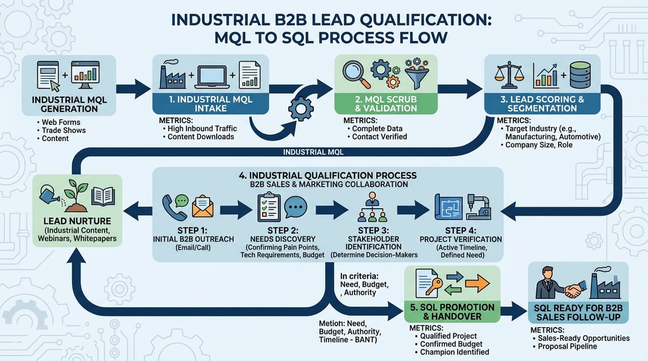 Fluxograma ilustrando o processo de qualificação de leads industriais, desde o MQL até o SQL, destacando a progressão no funil de vendas B2B.