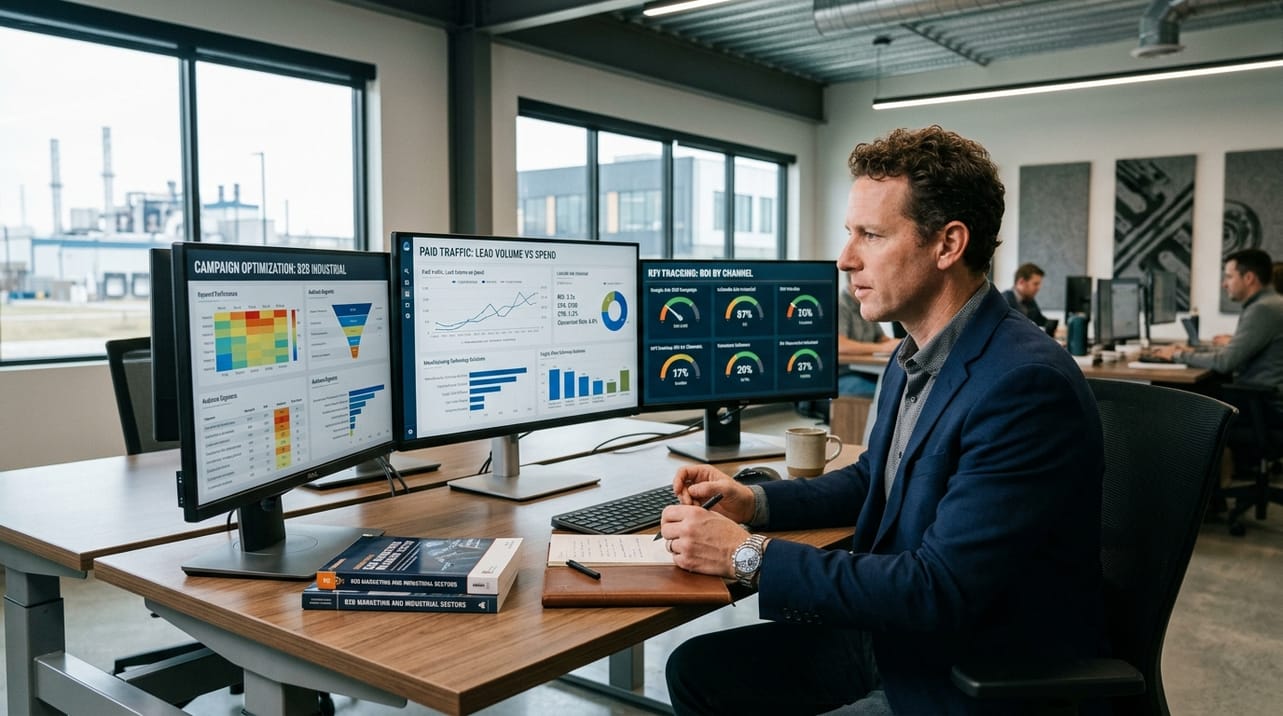 Profissional de marketing analisando dashboards de desempenho de tráfego pago para a indústria, otimizando métricas e ROI para campanhas B2B.