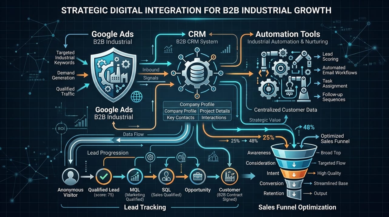 Diagrama ilustrando a integração de Google Ads B2B industrial com CRM e ferramentas de automação para rastreamento de leads e otimização do funil de vendas.
