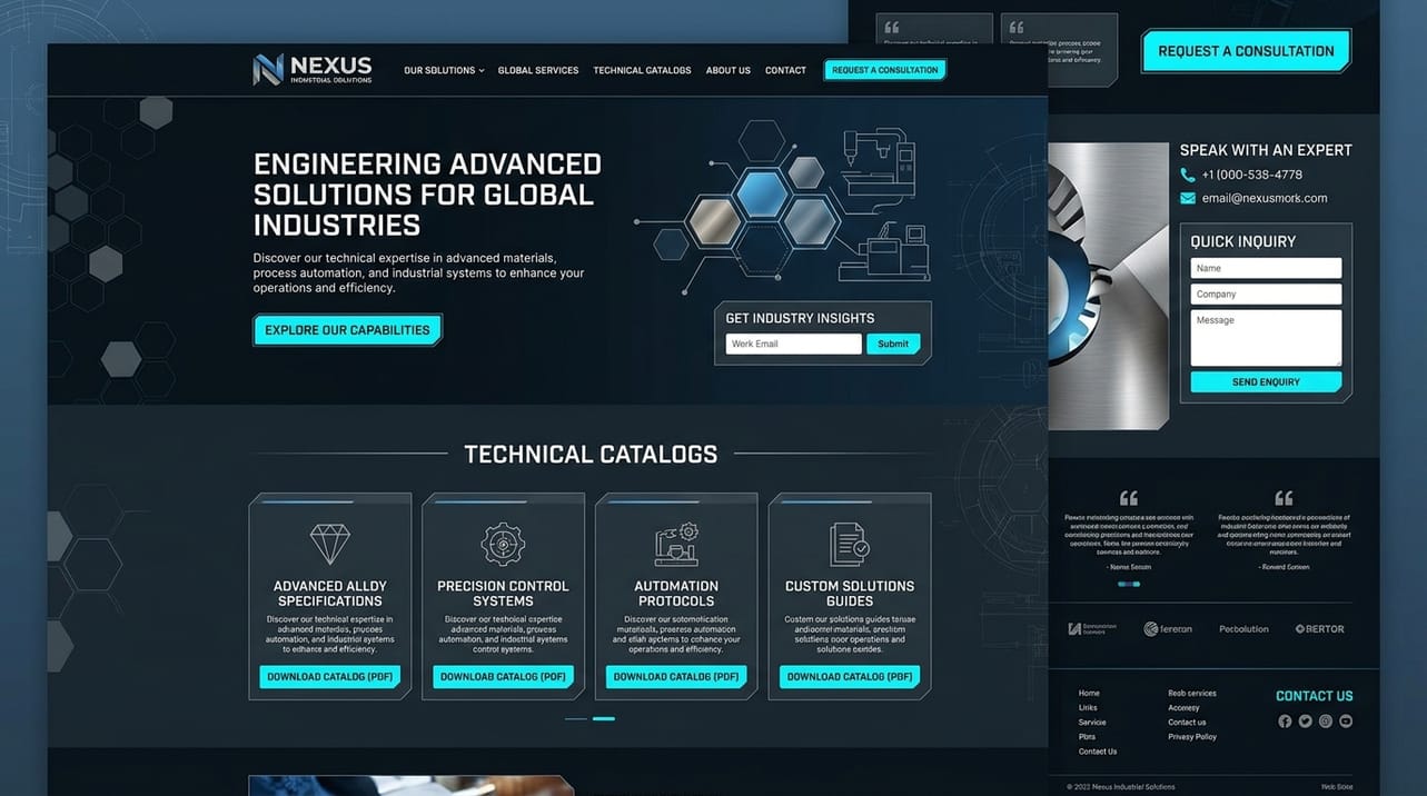Interface de um site industrial moderno, exibindo catálogos técnicos e informações de contato para geração de leads B2B