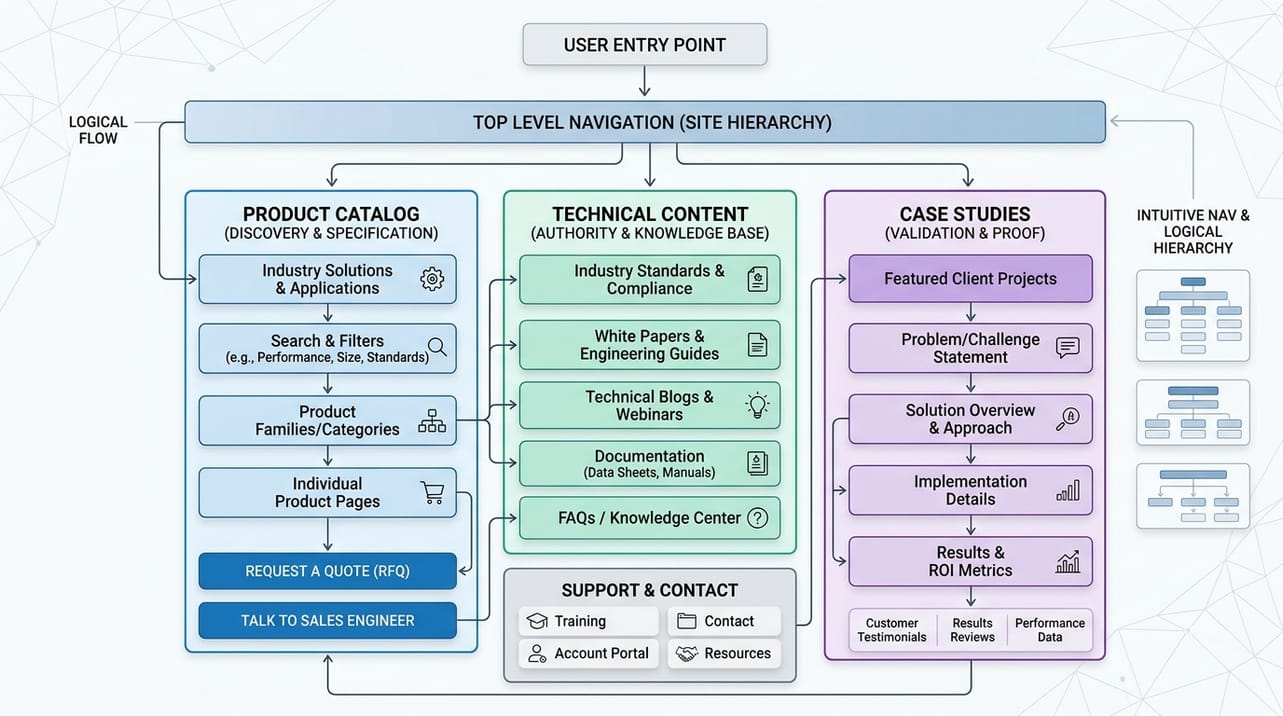 Diagrama de um site industrial B2B com seções para conteúdo técnico, catálogo de produtos, estudos de caso e navegação intuitiva, ilustrando a estrutura recomendada.