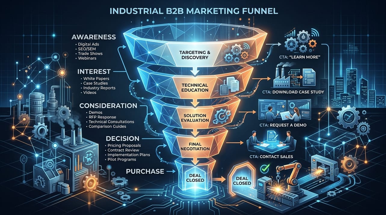 Representação visual do funil de marketing B2B industrial, ilustrando a jornada do cliente desde a conscientização até a decisão de compra por meio de conteúdo técnico e CTAs.